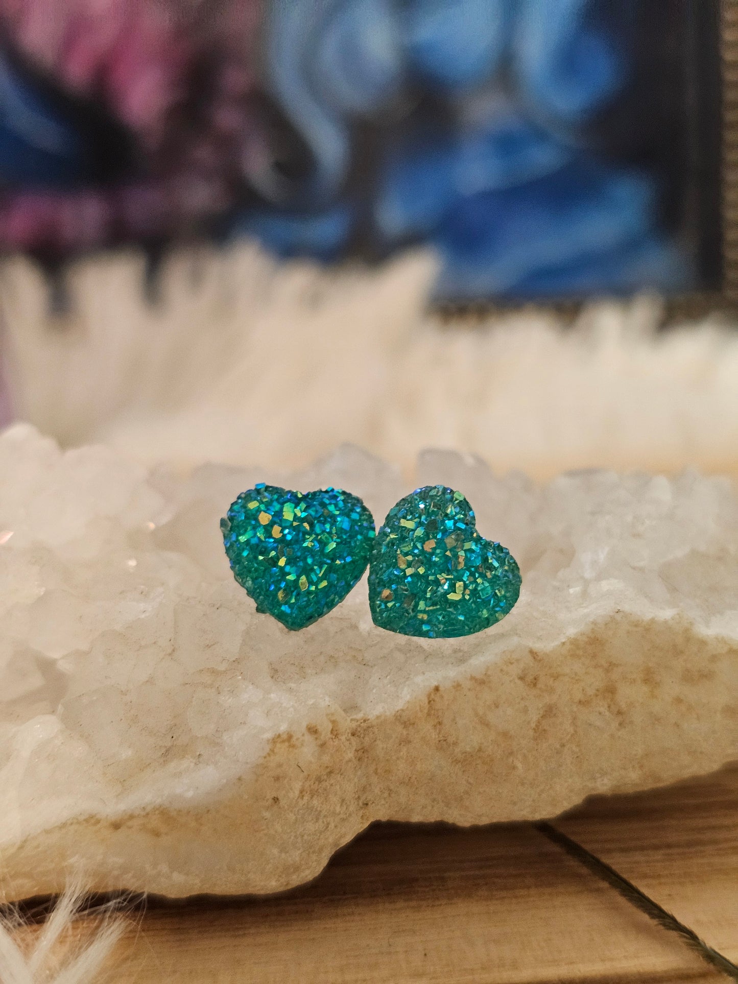 Sea Blue Mica Heart Stud Earrings