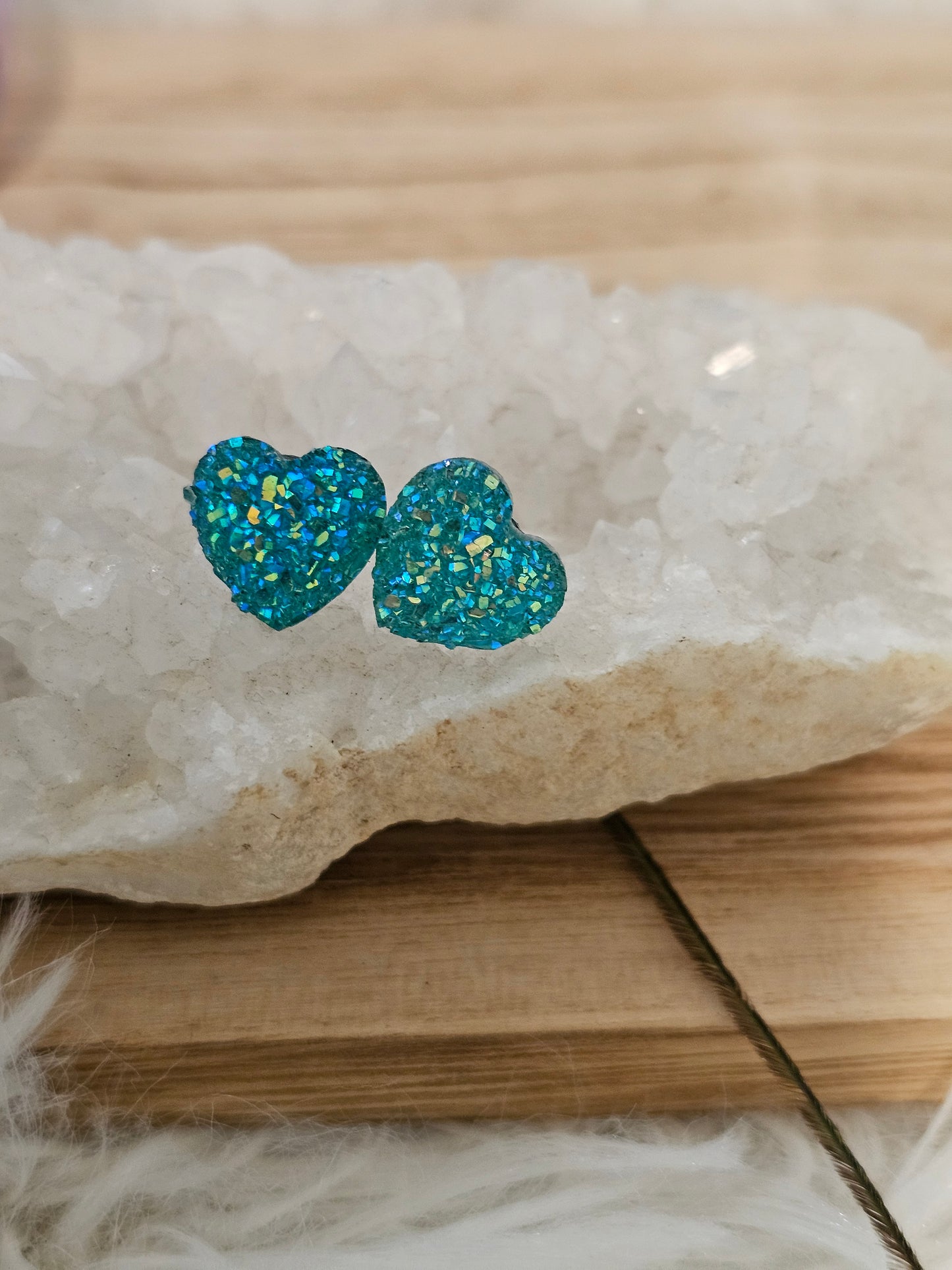 Sea Blue Mica Heart Stud Earrings
