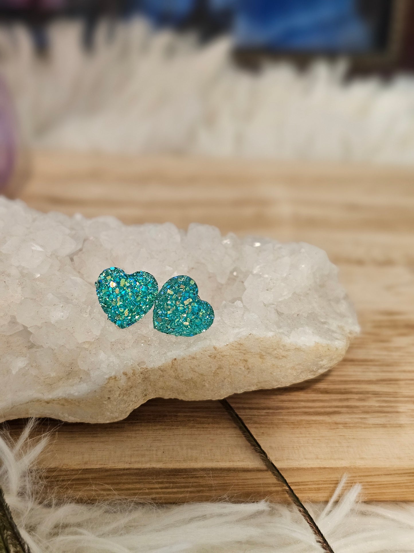 Sea Blue Mica Heart Stud Earrings