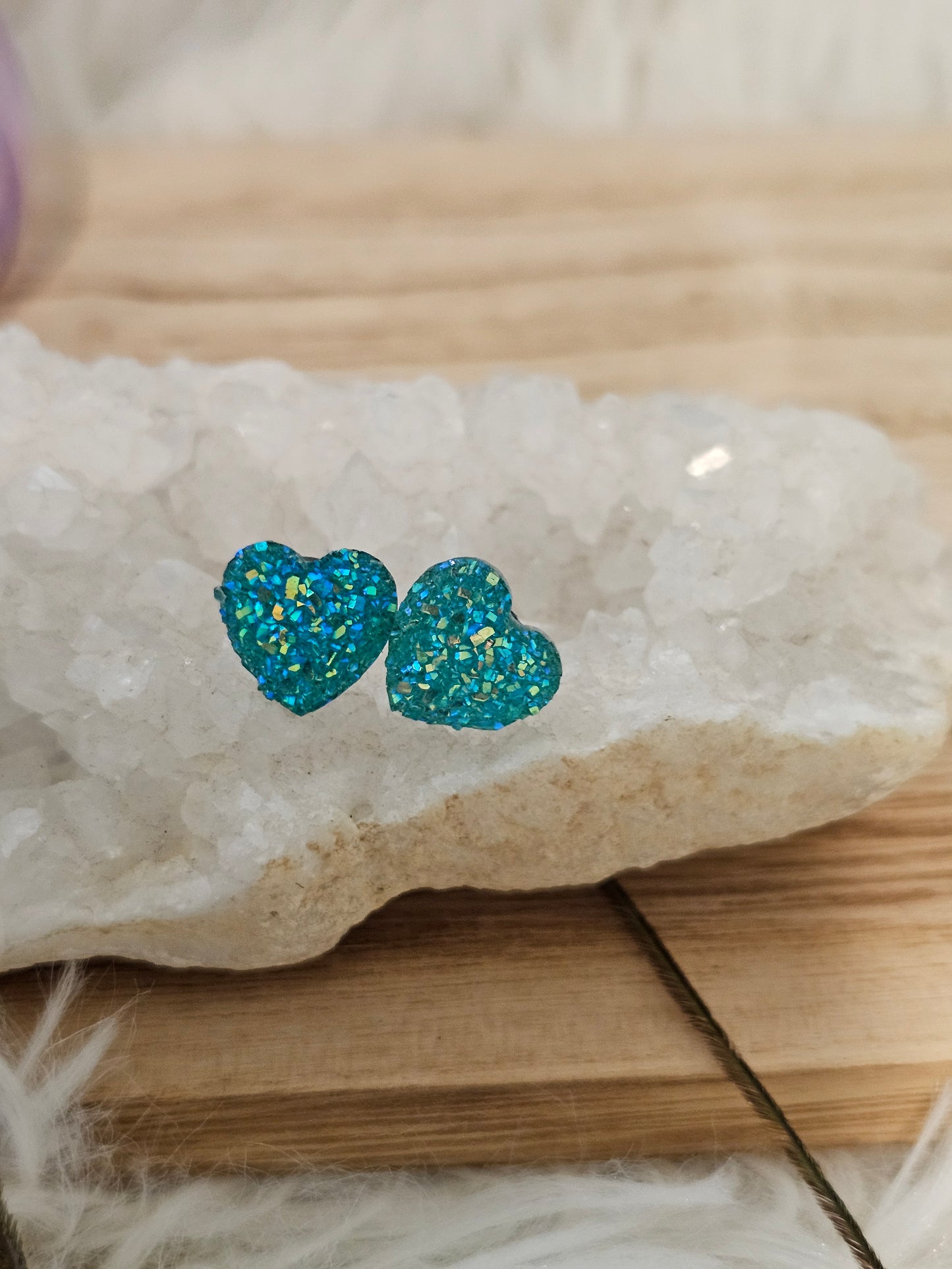 Sea Blue Mica Heart Stud Earrings