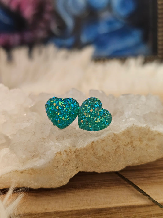 Sea Blue Mica Heart Stud Earrings