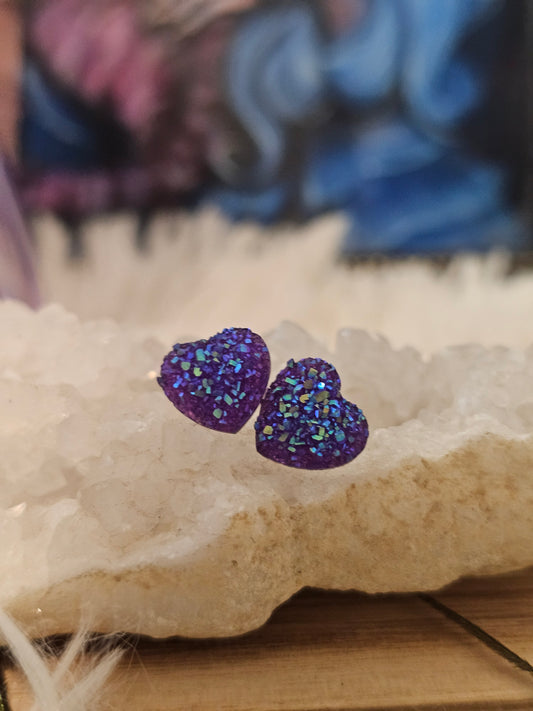 Purple Lilac Heart Mica Stud Earrings