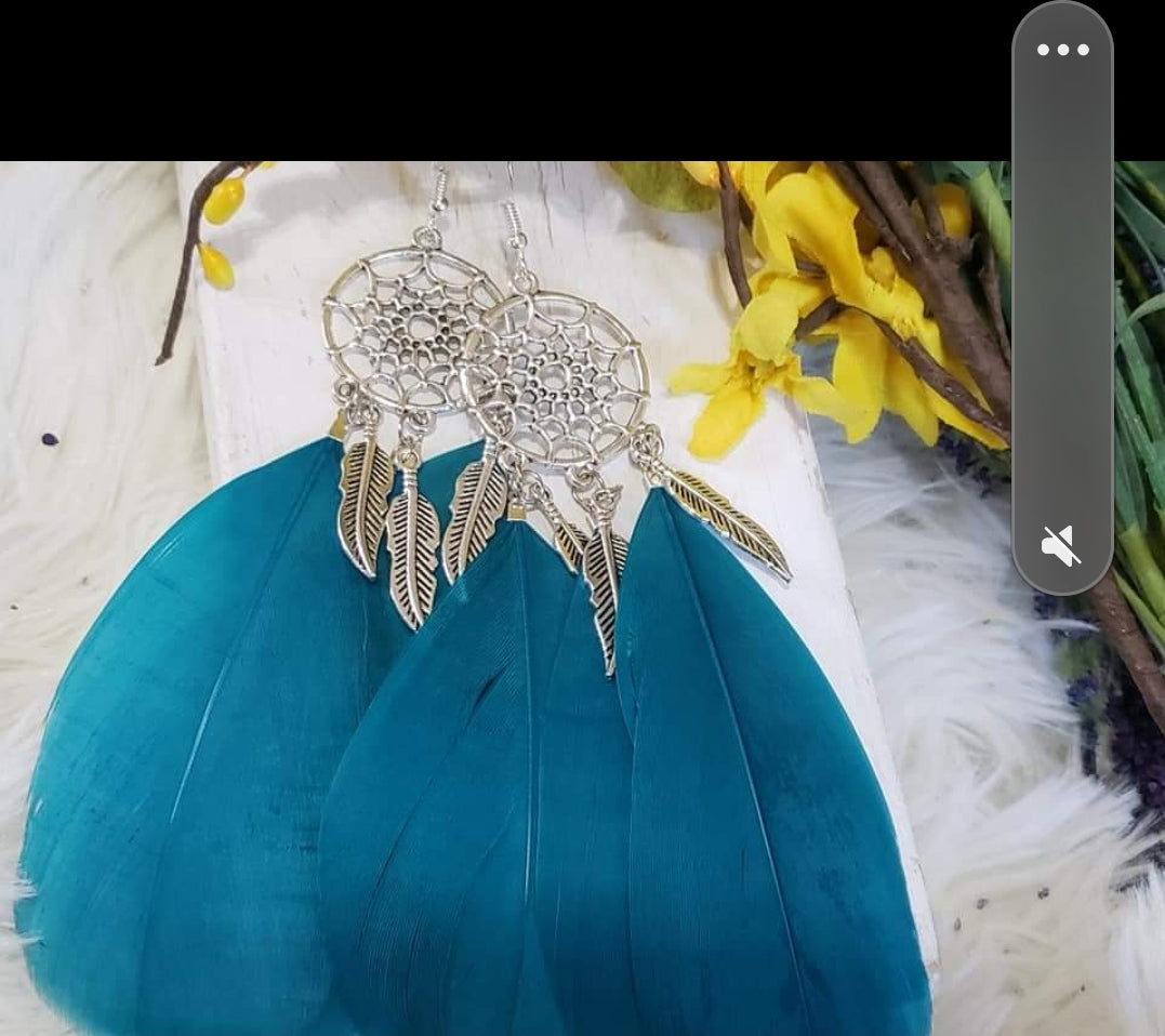 Teal Dream Catcher Feather Earrings