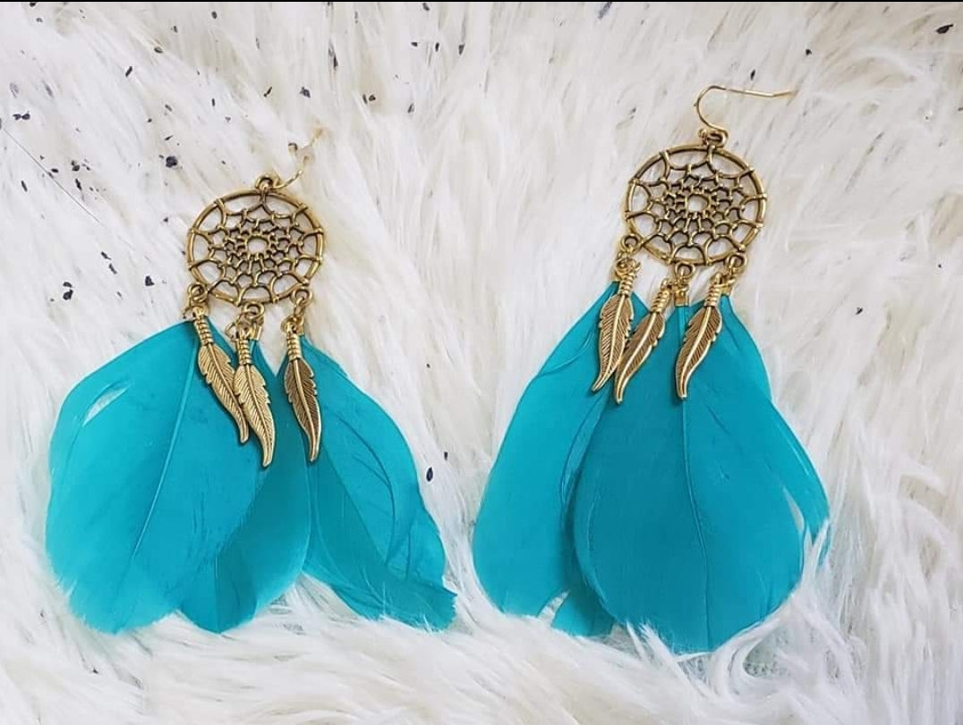 Carribian Blue Dream Catcher Feather Earrings