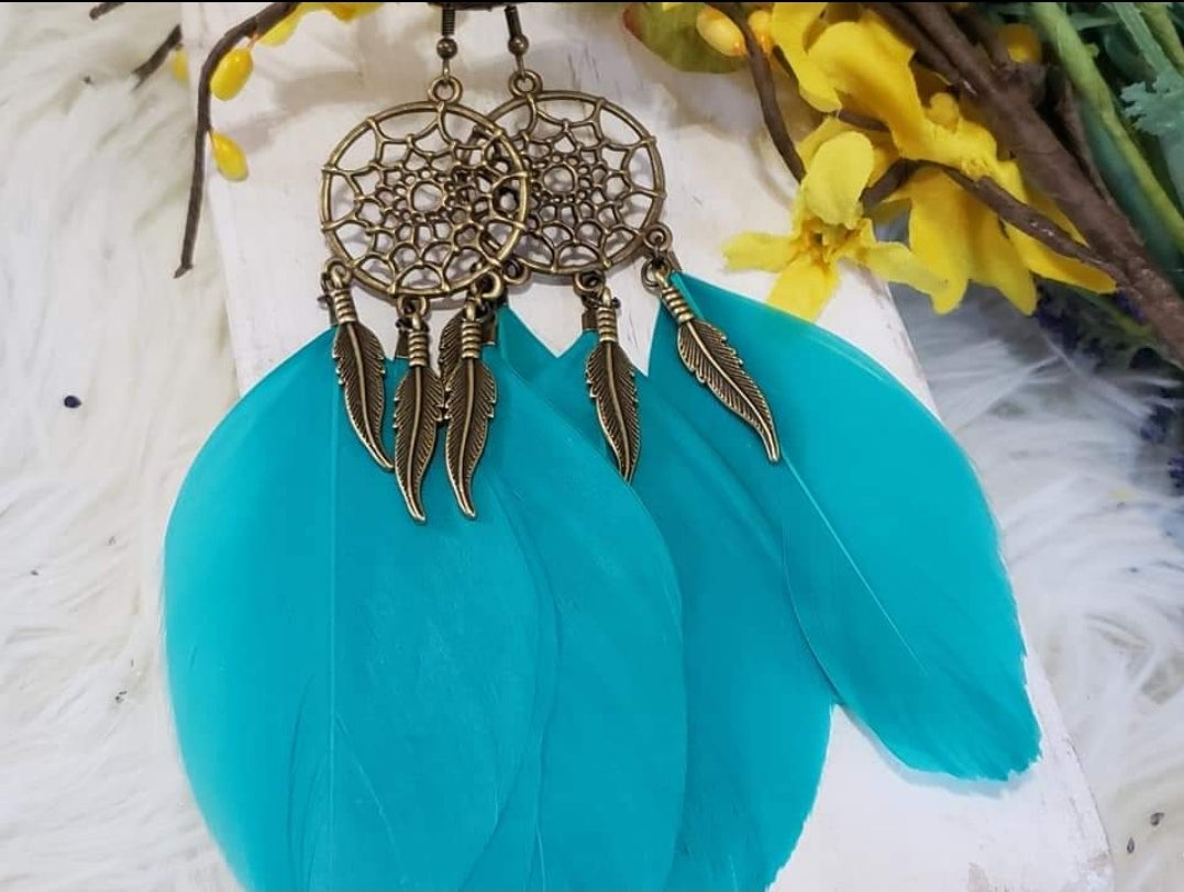 Carribian Blue Dream Catcher Feather Earrings